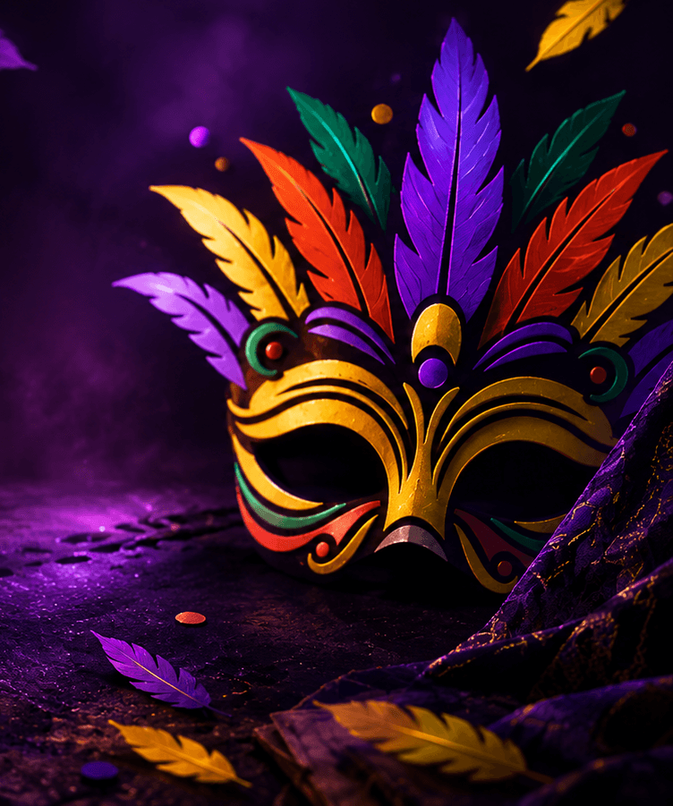 A carnival mask in the dark beside an old map, a key and a lantern
