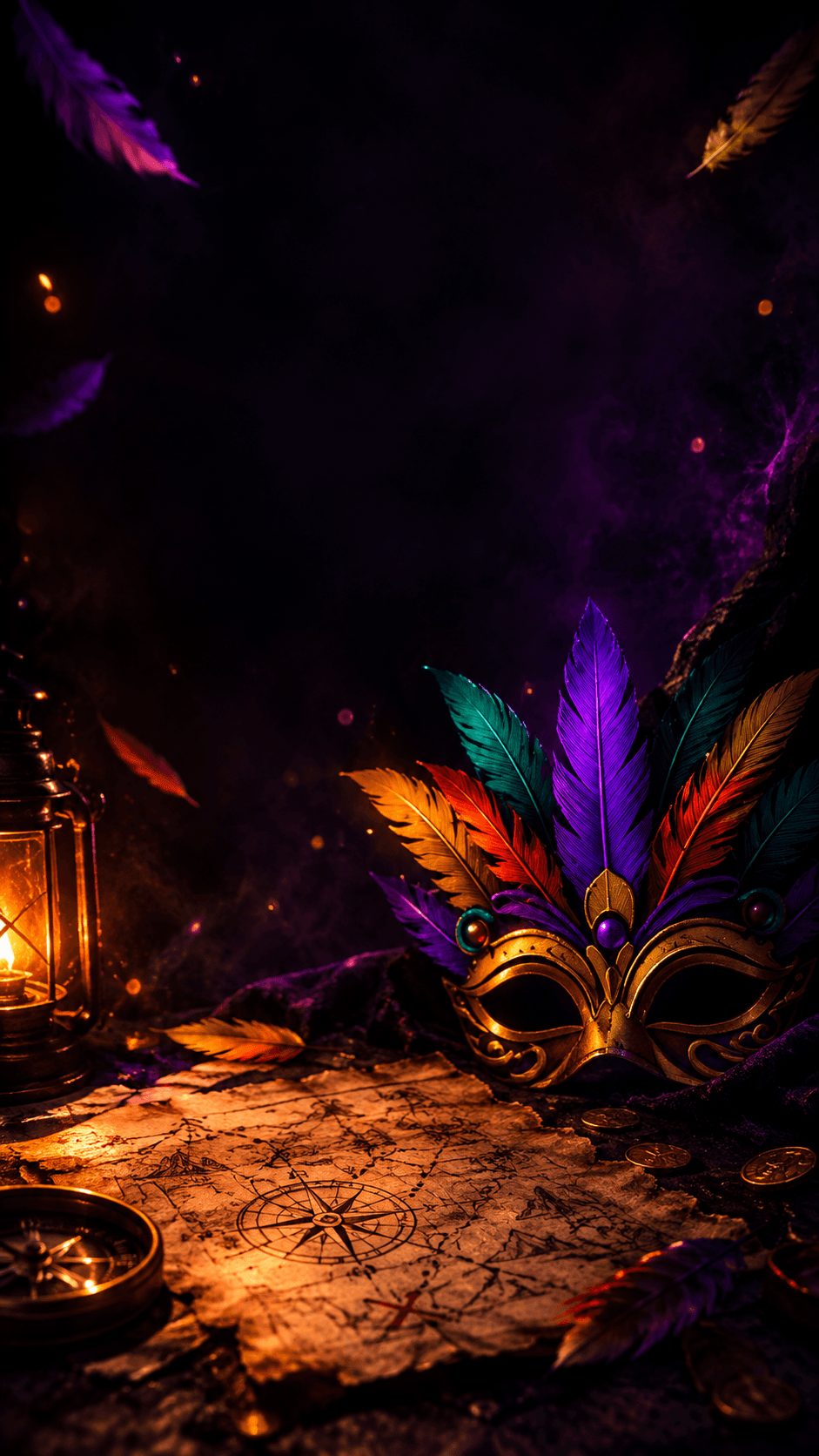 A carnival mask in the dark beside an old map, a key and a lantern